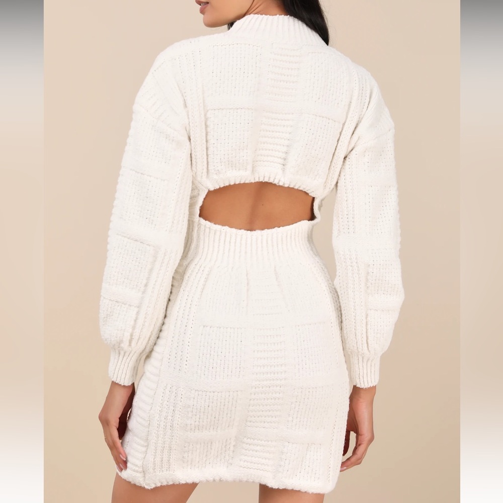 Euc Lulus Patchwork It Cream Cable Knit Cutout Sw… - image 7